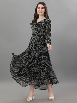 Herway Women A-line Black, Grey Maxi/Full Length Dress