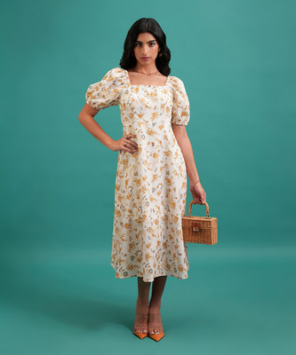 Tokyo Talkies Women Fit and Flare Orange Midi/Calf Length Dress
