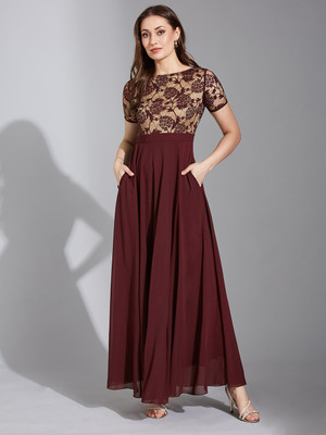 Life With Pockets Women Cinched Waist Maroon Maxi/Full Length Dress