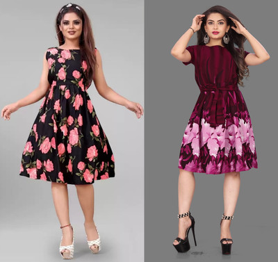 Hiral Creation Women Fit and Flare Multicolor Knee Length Dress
