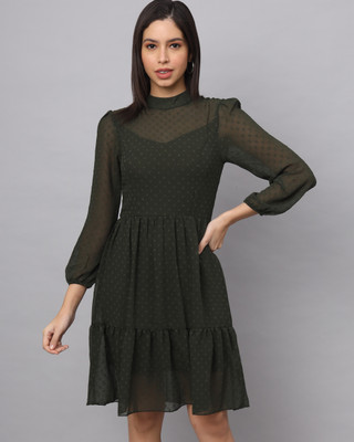 FABIUM Women Fit and Flare Green Above Knee/Mid Thigh Length Dress