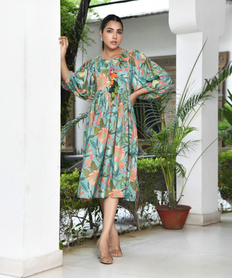 VAASVA JAIPUR Women Fit and Flare Blue Knee Length Dress