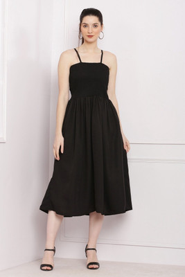 BuyUniqueFashion Women Fit and Flare Black Midi/Calf Length Dress