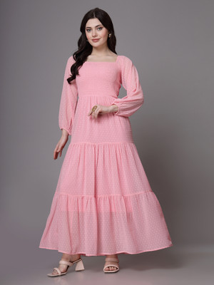 AAYU Women Fit and Flare Pink Maxi/Full Length Dress