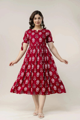 radhagovind Women Fit and Flare Red Midi/Calf Length Dress