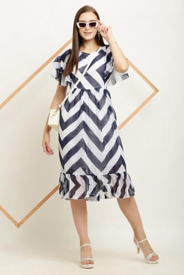 MA FASHION Women A-line Dark Blue, White Dress