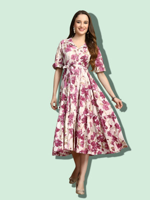 HouseOfCommon Women Fit and Flare White, Purple Below Knee Dress