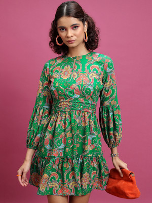 Tokyo Talkies Women Ruffled Green Above Knee/Mid Thigh Length Dress