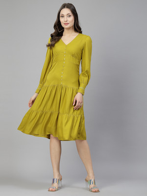 AAYU Women A-line Light Green Knee Length Dress