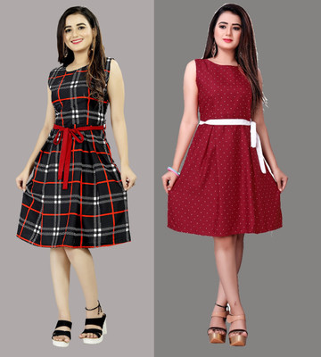 tanvi creation Women Fit and Flare Red Knee Length Dress