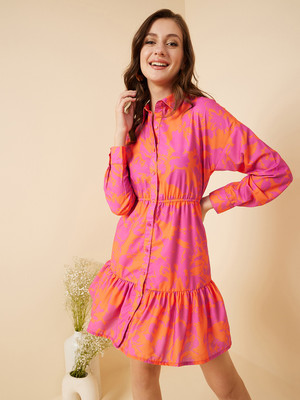 RARE Women Fit and Flare Orange, Pink Above Knee/Mid Thigh Length Dress