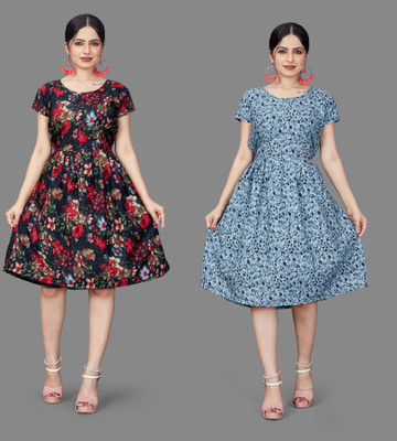VARUDIFAB Women Fit and Flare Multicolor Knee Length Dress