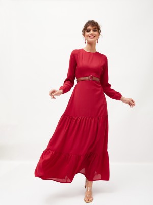 SASSAFRAS Women Tiered Maroon Dress