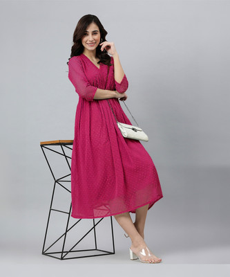 Janasya Women A-line Pink Midi/Calf Length Dress