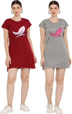 PREEGO Women T Shirt Maroon, Grey Above Knee/Mid Thigh Length Dress
