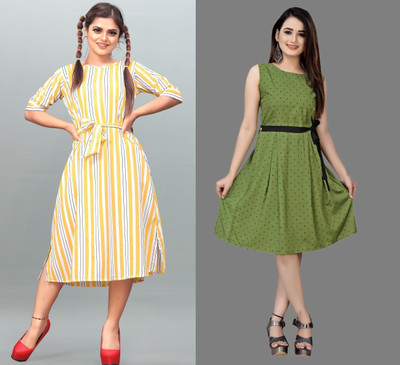 Hiral Creation Women Fit and Flare Yellow Knee Length Dress