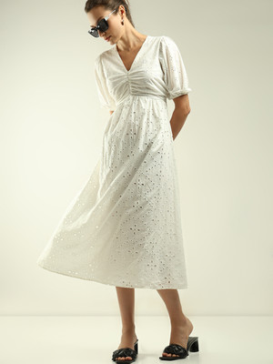 VERO MODA Women Fit and Flare White Midi/Calf Length Dress