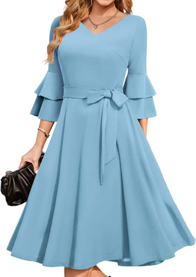C4D Women Fit and Flare Light Blue Midi/Calf Length Dress