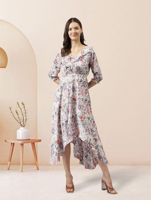 HOC's Women High Low White Midi/Calf Length Dress
