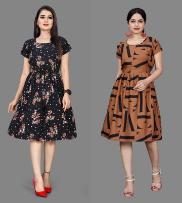 Madhave Women Fit and Flare Black, Brown Below Knee Dress