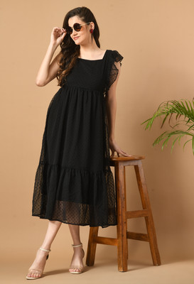 SFOTY Women A-line Black Midi/Calf Length Dress