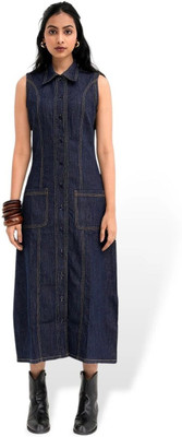 DAYER Women Maxi Dark Blue Below Knee Dress