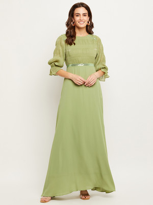 MADAME Women A-line Green Maxi/Full Length Dress