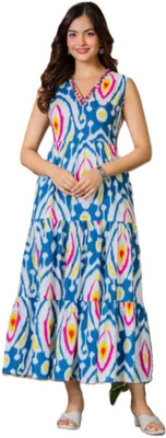 Mradhulfashion Women Maxi Blue, Multicolor Below Knee Dress