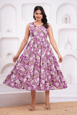 Dagar Women A-line Purple, White Midi/Calf Length Dress