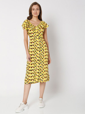 VERO MODA Women A-line Yellow Midi/Calf Length Dress