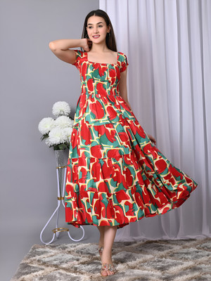 ZWERLON Women Fit and Flare Multicolor Midi/Calf Length Dress