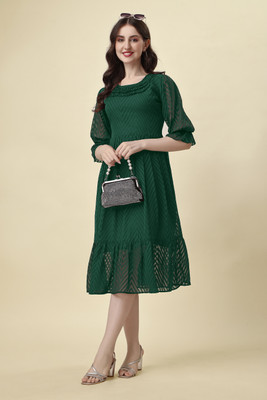 Bholeshvar Fashion Women Fit and Flare Dark Green Below Knee Dress