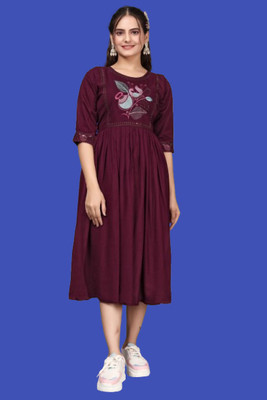 DICHIKA enterprise Women Fit and Flare Maroon Midi/Calf Length Dress