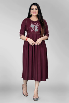 ShopGlobal Women A-line Maroon Midi/Calf Length Dress