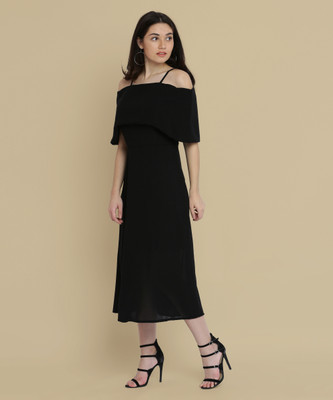 Miss Chase Women A-line Black Midi/Calf Length Dress
