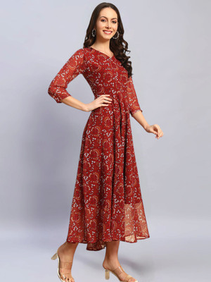 HouseOfCommon Women Fit and Flare Brown Maxi/Full Length Dress