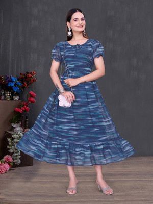 LADY SHOPI Women Fit and Flare Blue Midi/Calf Length Dress