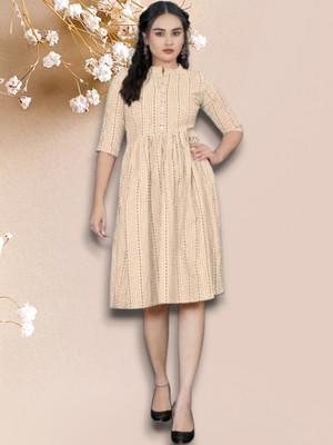 Rangrasiyt Women A-line Beige Knee Length Dress