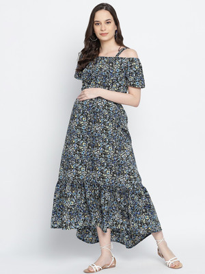 OXOLLOXO Women Fit and Flare Blue Maxi/Full Length Dress