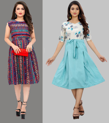 tanvi creation Women Fit and Flare Multicolor Knee Length Dress