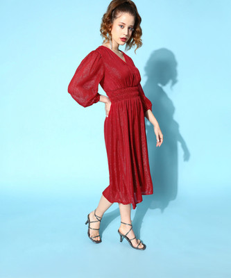 PLUSS Women A-line Red Knee Length Dress