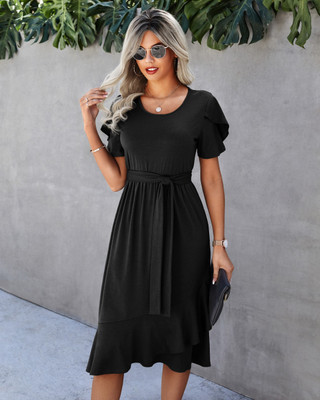 OUTZIDR Women Fit and Flare Black Below Knee Dress