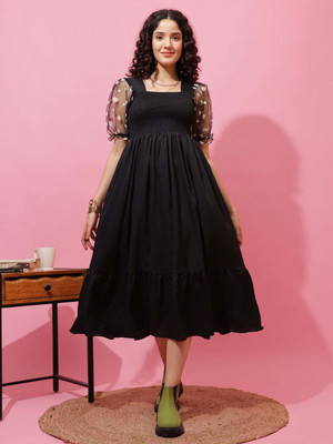 Seek By Sheetal Women Fit and Flare Black Midi/Calf Length Dress