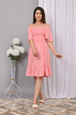 IQRAAR Women Fit and Flare Pink Above Knee/Mid Thigh Length Dress
