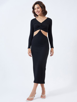 COLOR CAPITAL Women Ribbed Black Midi/Calf Length Dress