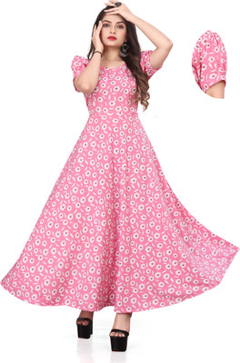 QUEUEE CREATION Women Fit and Flare Pink, White, Maroon Maxi/Full Length Dress