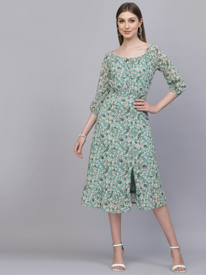 AAYU Women Fit and Flare Green Midi/Calf Length Dress