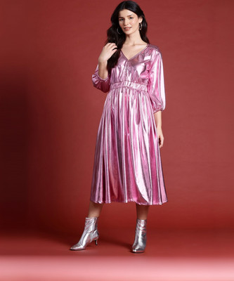 all about you Women Fit and Flare Pink Midi/Calf Length Dress