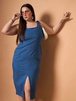 SASSAFRAS Curve Women Bodycon Blue Midi/Calf Length Dress