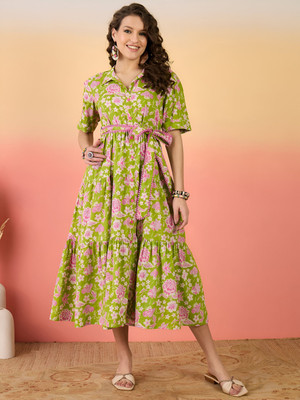 ZWERLON Women A-line Green Midi/Calf Length Dress